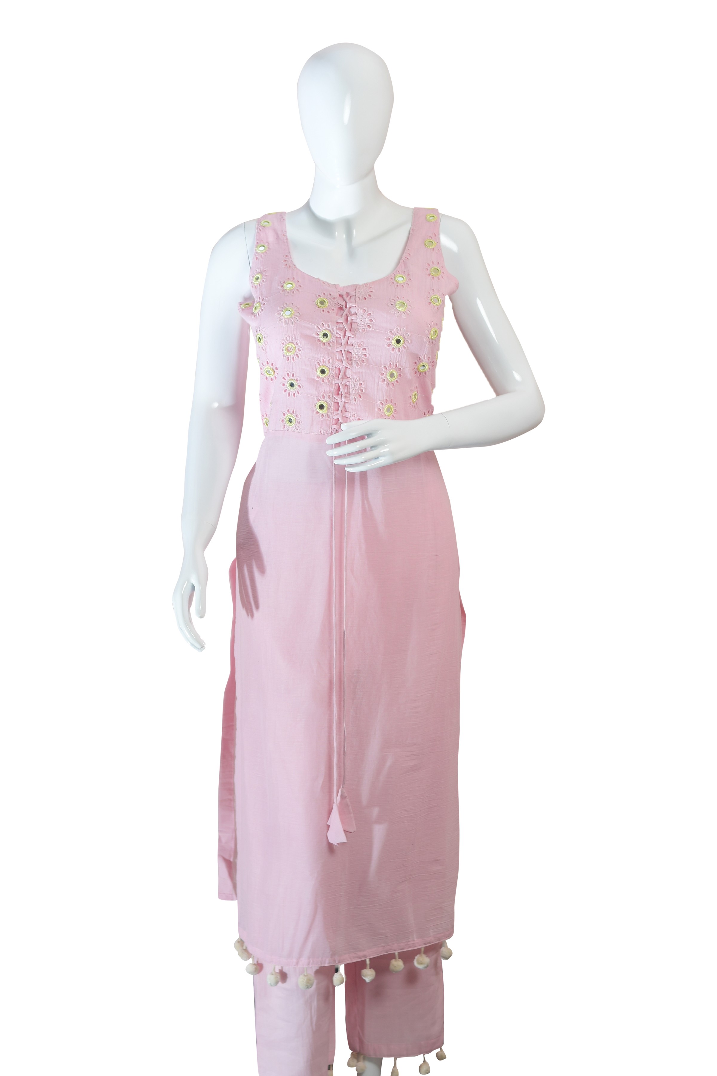Women's Cotton Pink Kurta Set with Floral Embroidery and Tassel Details | Sleeveless Ethnic Suit with Pants | Festive & Casual Wear 