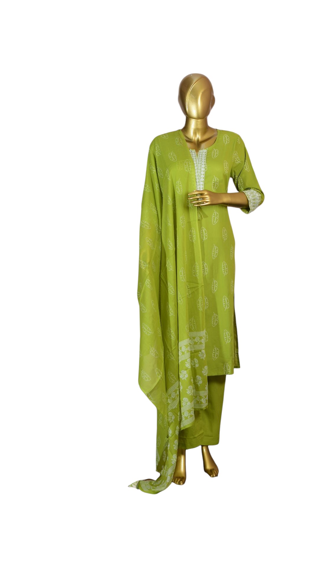 Women’s Parrot Green Leaf Print Cotton Kurti Set with 3/4 Sleeves and Matching Palazzo Pants – Comfortable Ethnic Wear for Casual and Festive Occasions 