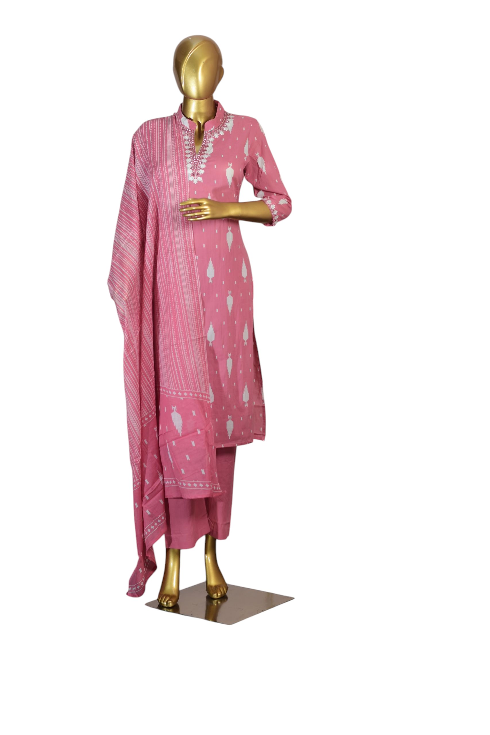  KIIYRA Women's Pink Cotton Salwar Suit Set with White Thread Embroidery, 3/4th Sleeve Kurta, Straight Pants and Printed Dupatta –Festive and Daily Use