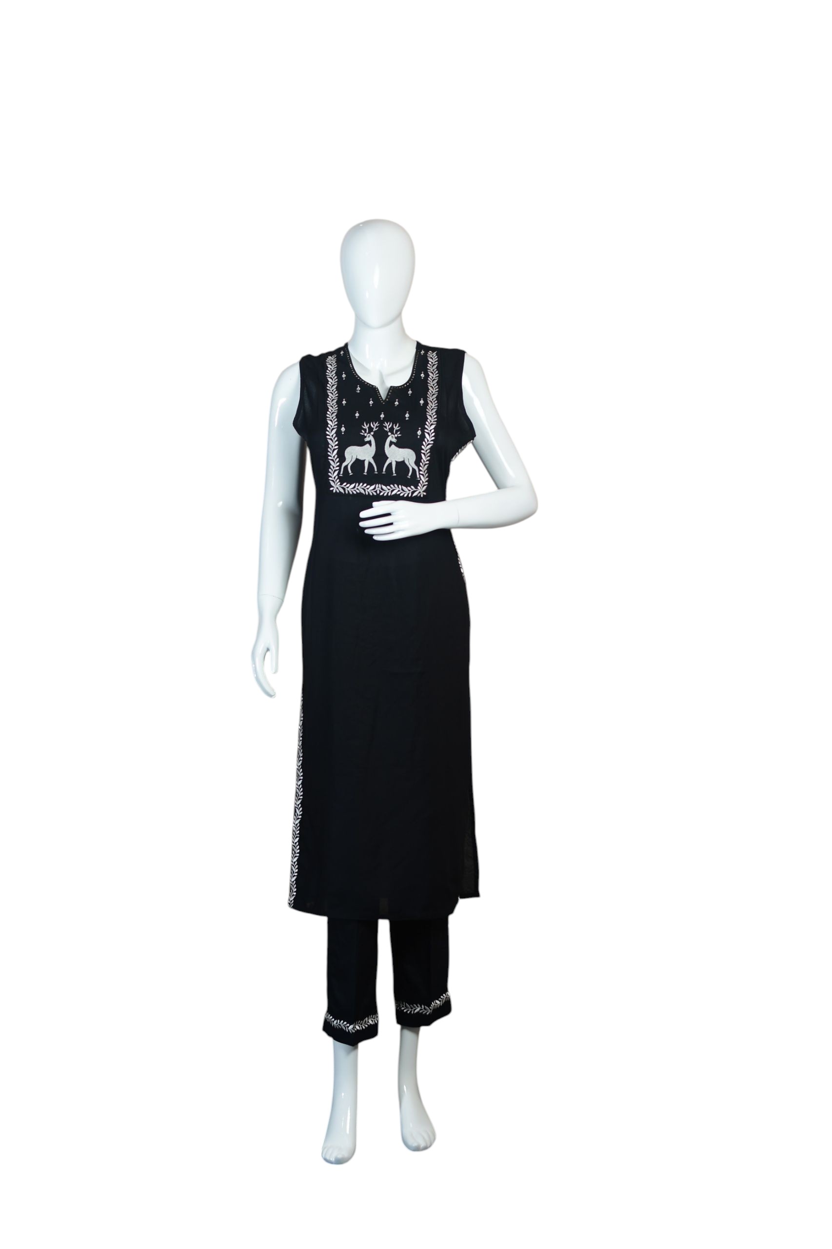 Women's Black Kurta Set with Dupatta, 3/4 Sleeve Traditional Ethnic Wear with Pants and Decorative Buttons | Round Neck