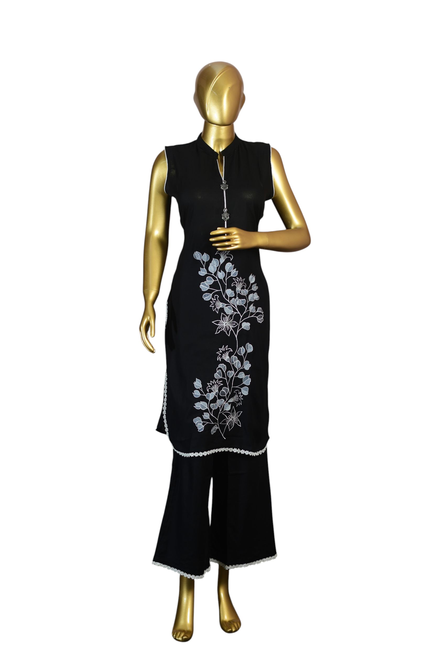 Women's Black Kurti with White Floral Embroidery | Sleeveless | Lace Trim, Traditional Indian Dress|