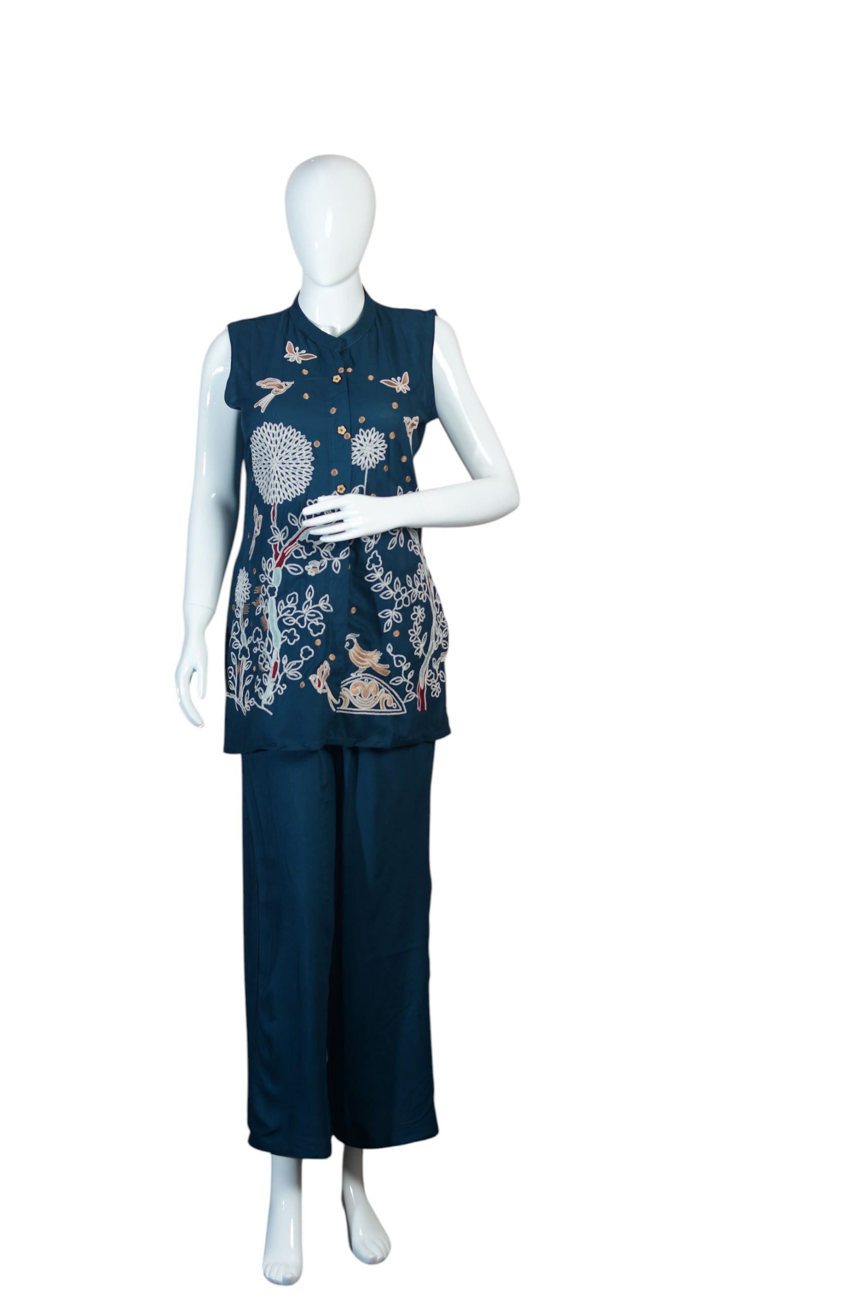 Women's Navy Blue Embroidered Tunic and Trouser Set with Sleeveless Design, Floral Garden & Butterfly Motif – Stylish Ethnic Co-ord Set 