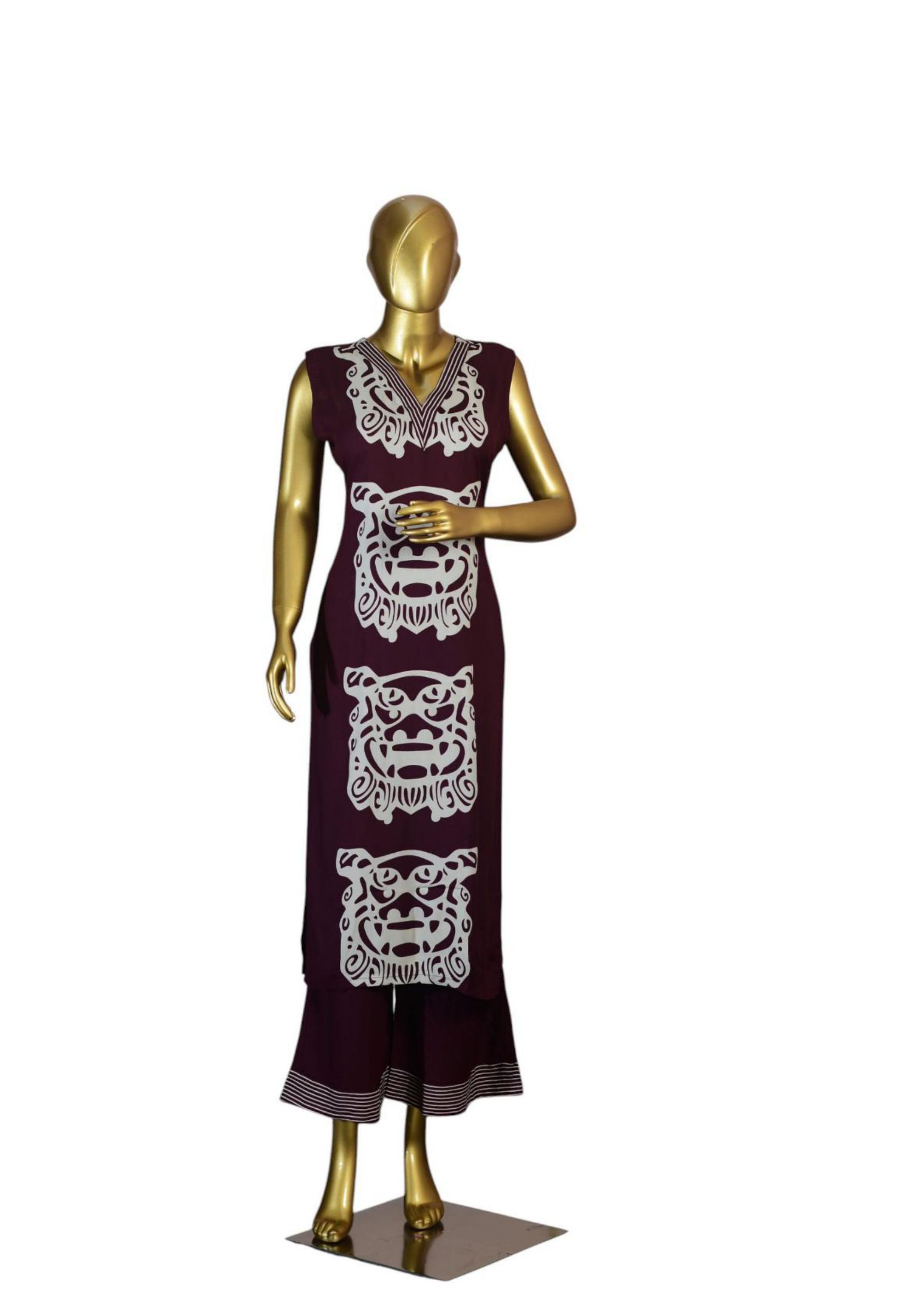 KIIYRA Women's Sleeveless Long Cord Set with Tribal Face Print Design, Deep Maroon Color, V-Neckline, Paired with Matching Flared Pants – Casual and Ethnic Fusion Wear