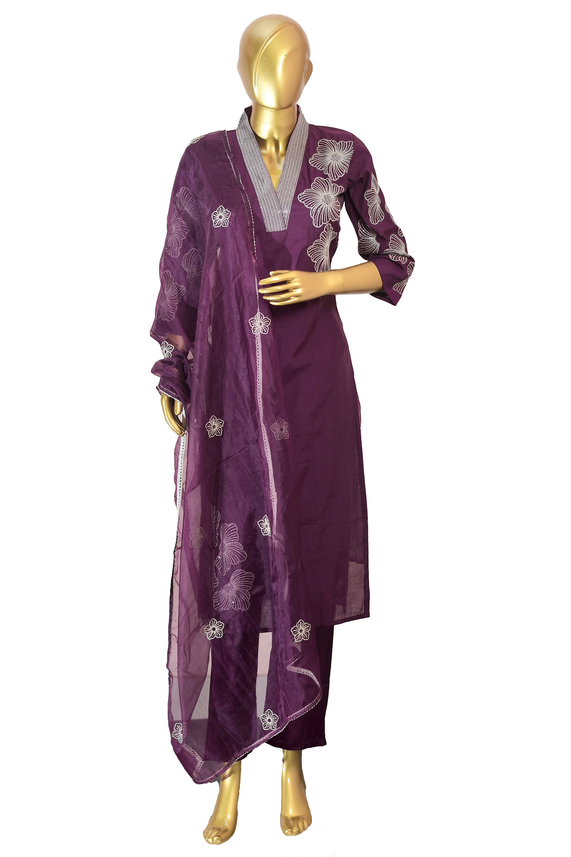 Women’s Wine Embroidered Kurta Set with Pants and Dupatta, V-Neck Floral Thread Work Ethnic Outfit for Festive and Casual Wear