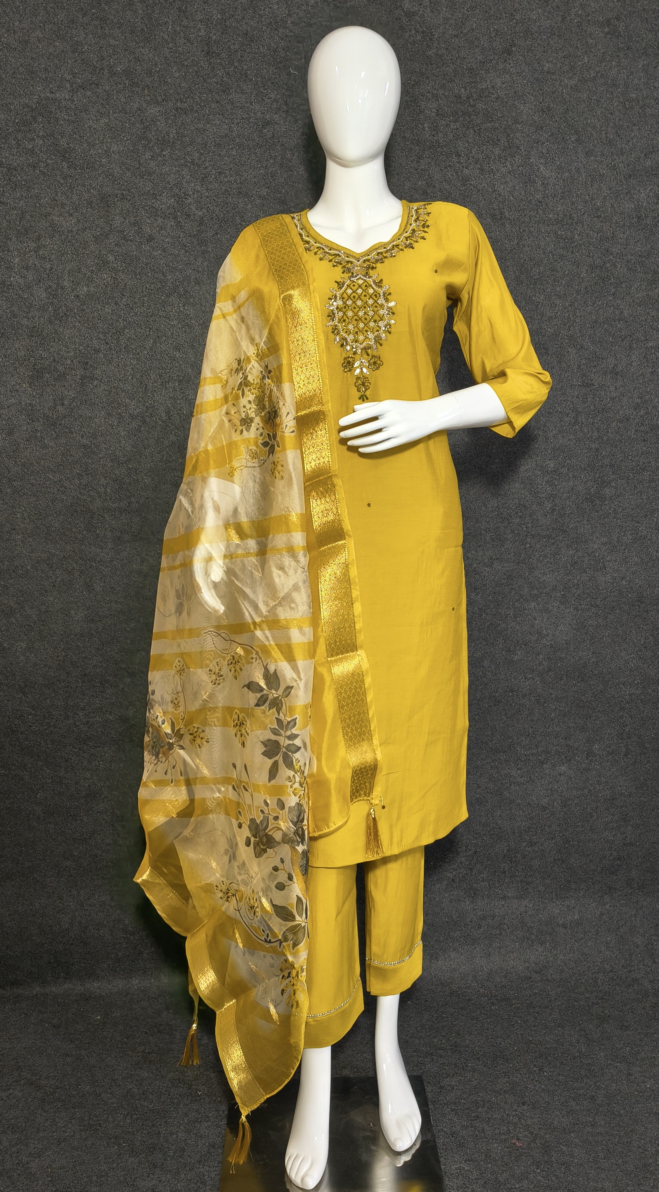 Mustard Yellow Roman Silk Suit with Organza Dupatta & Embroidered Neckline