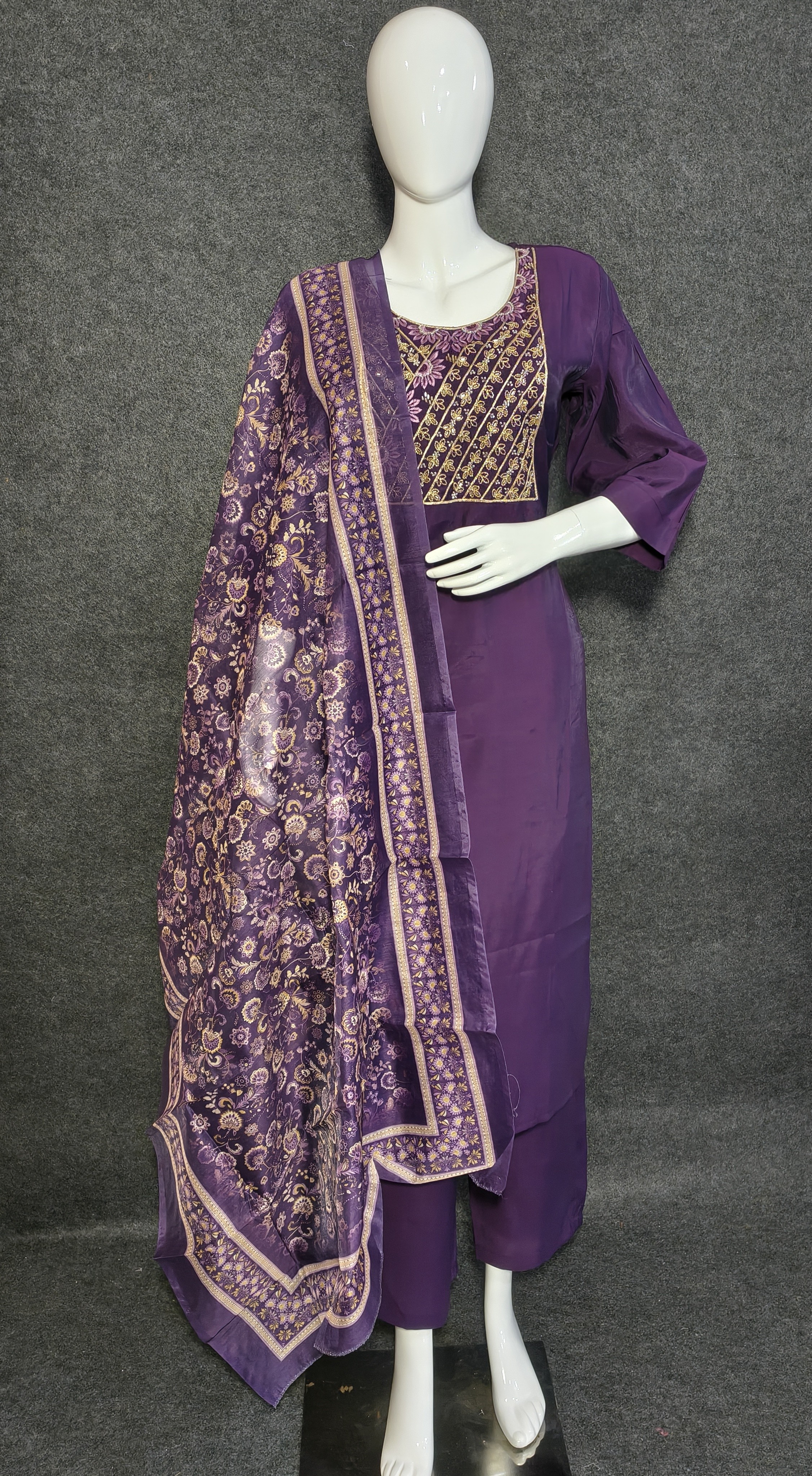 Royal Purple Roman Silk Suit with Organza Dupatta & Embroidered Neckline 