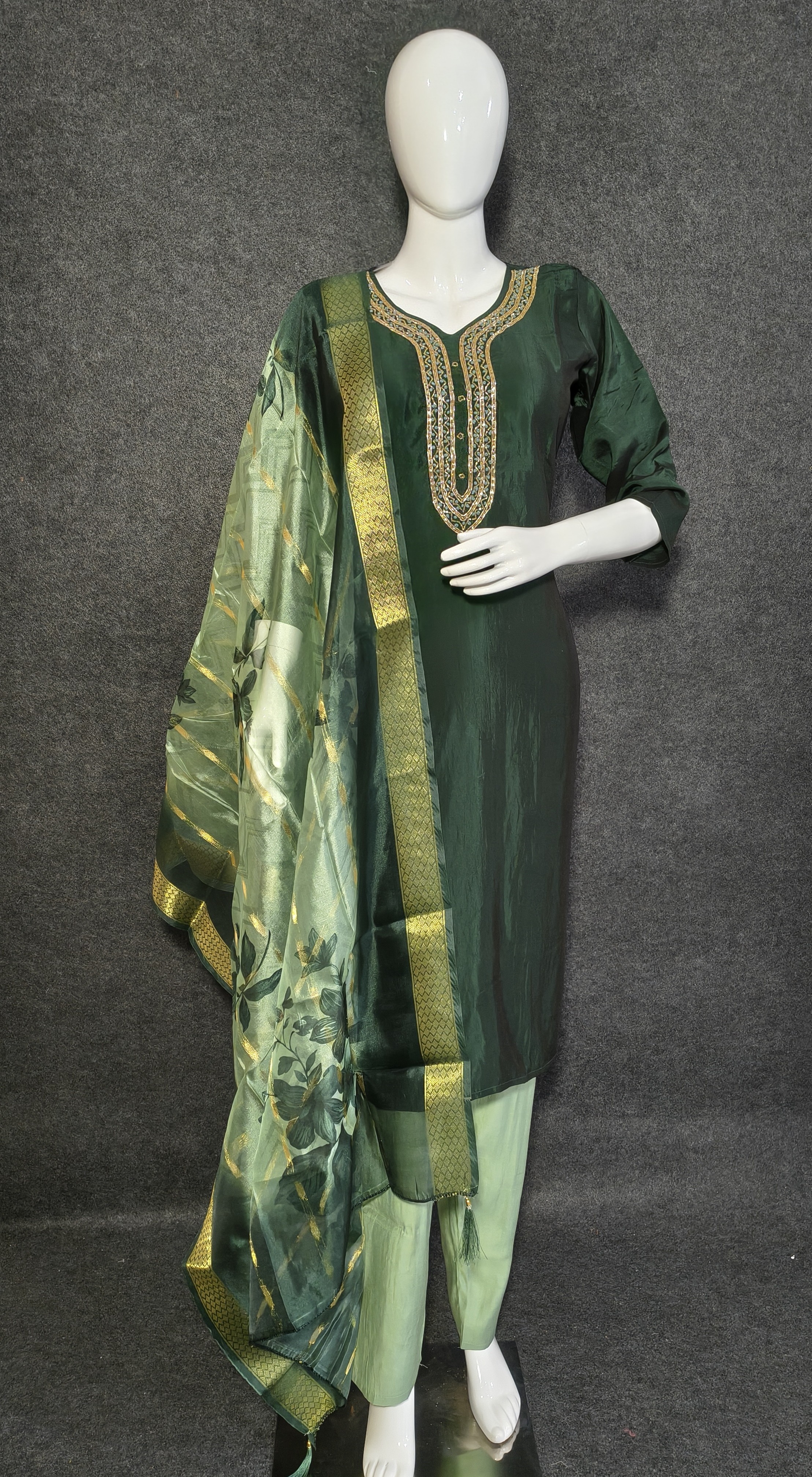 Elegant Roman Silk Suit with Embroidered Neckline & Organza Dupatta 