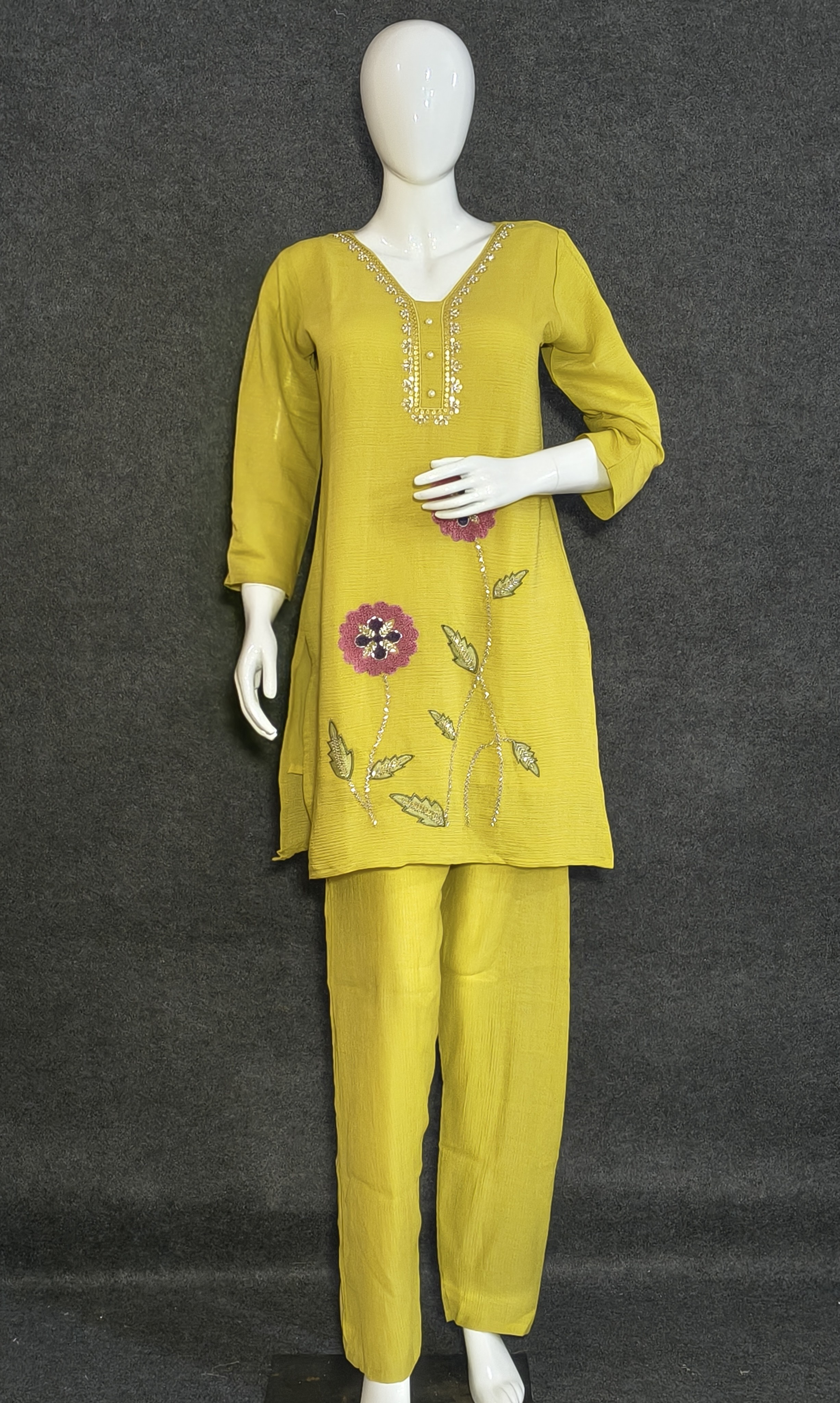 Lime Yellow Silk Co-ord Set with Hand Embroidered Floral Design
