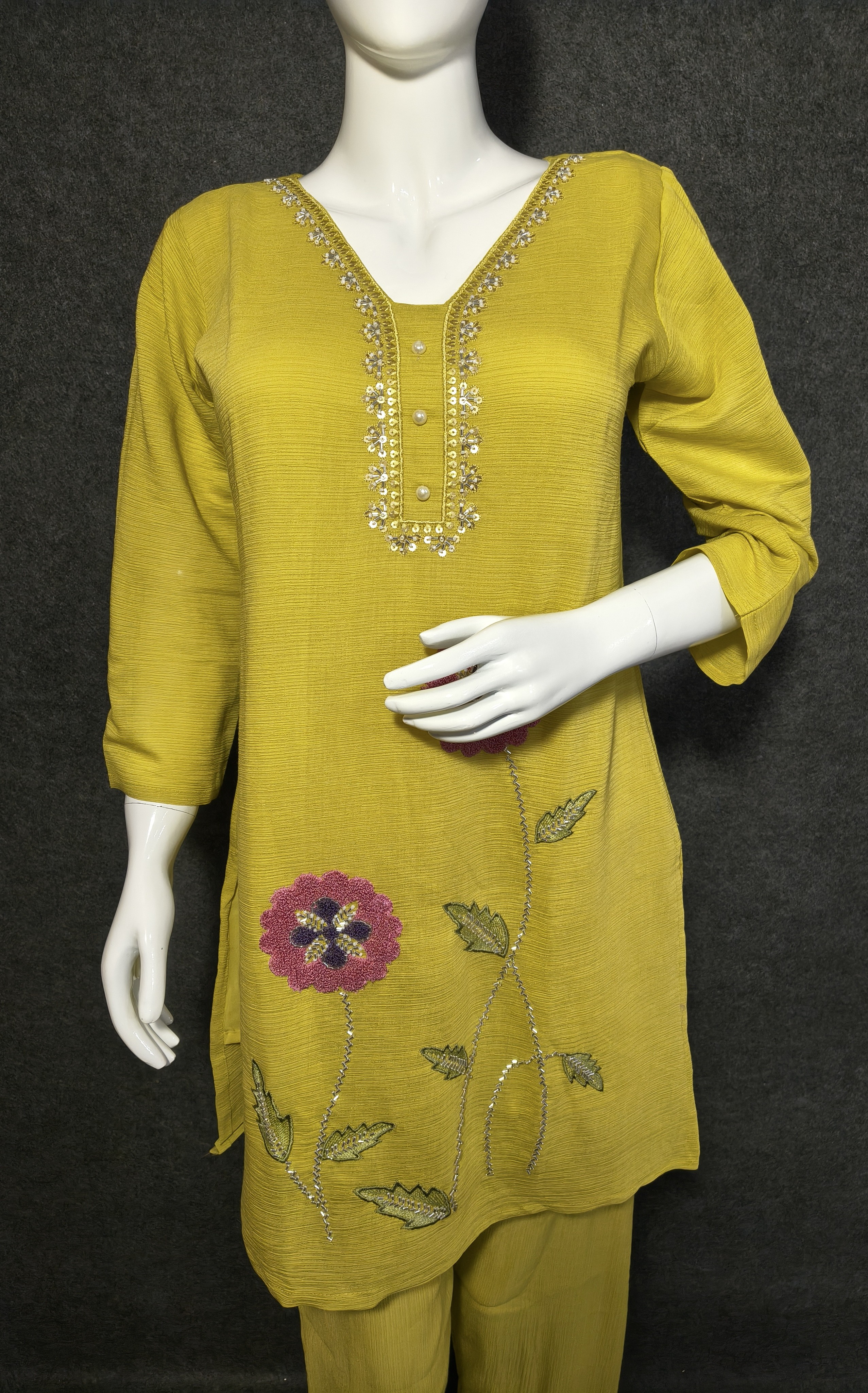 Lime Yellow Silk Co-ord Set with Hand Embroidered Floral Design - Hover view
