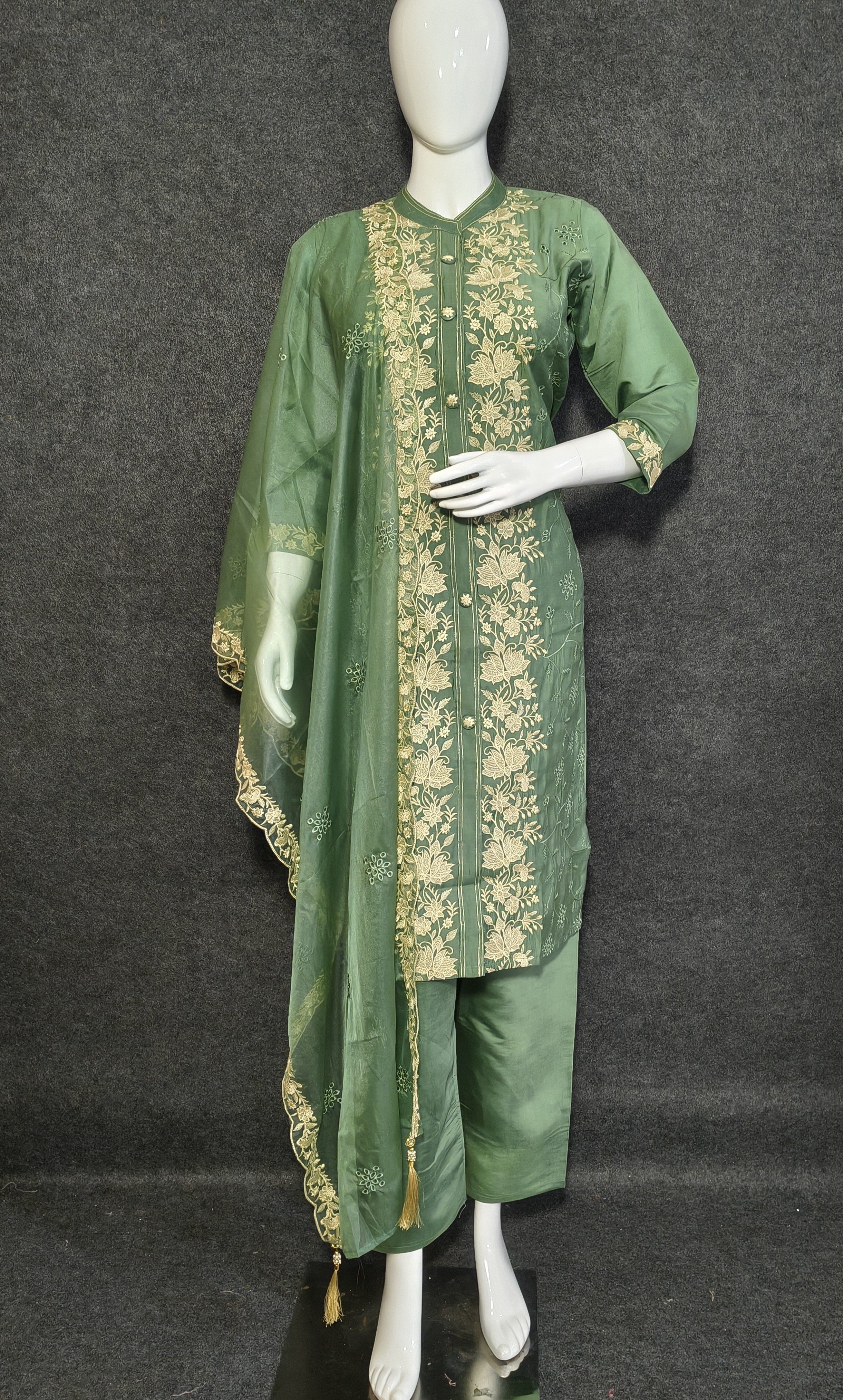  Green Roman Silk Suit with Hand Thread Embroidery & Dupatta