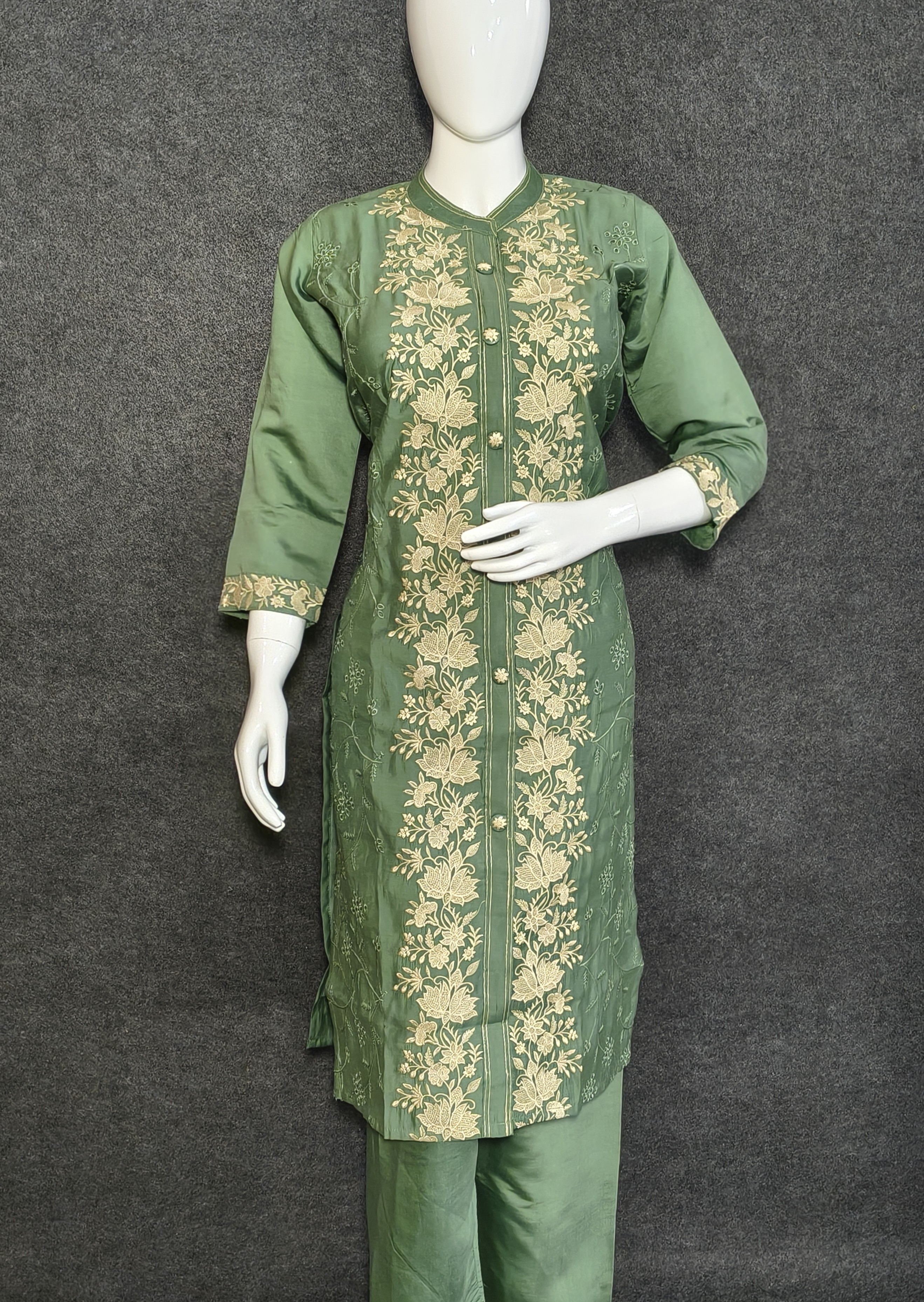  Green Roman Silk Suit with Hand Thread Embroidery & Dupatta - Hover view