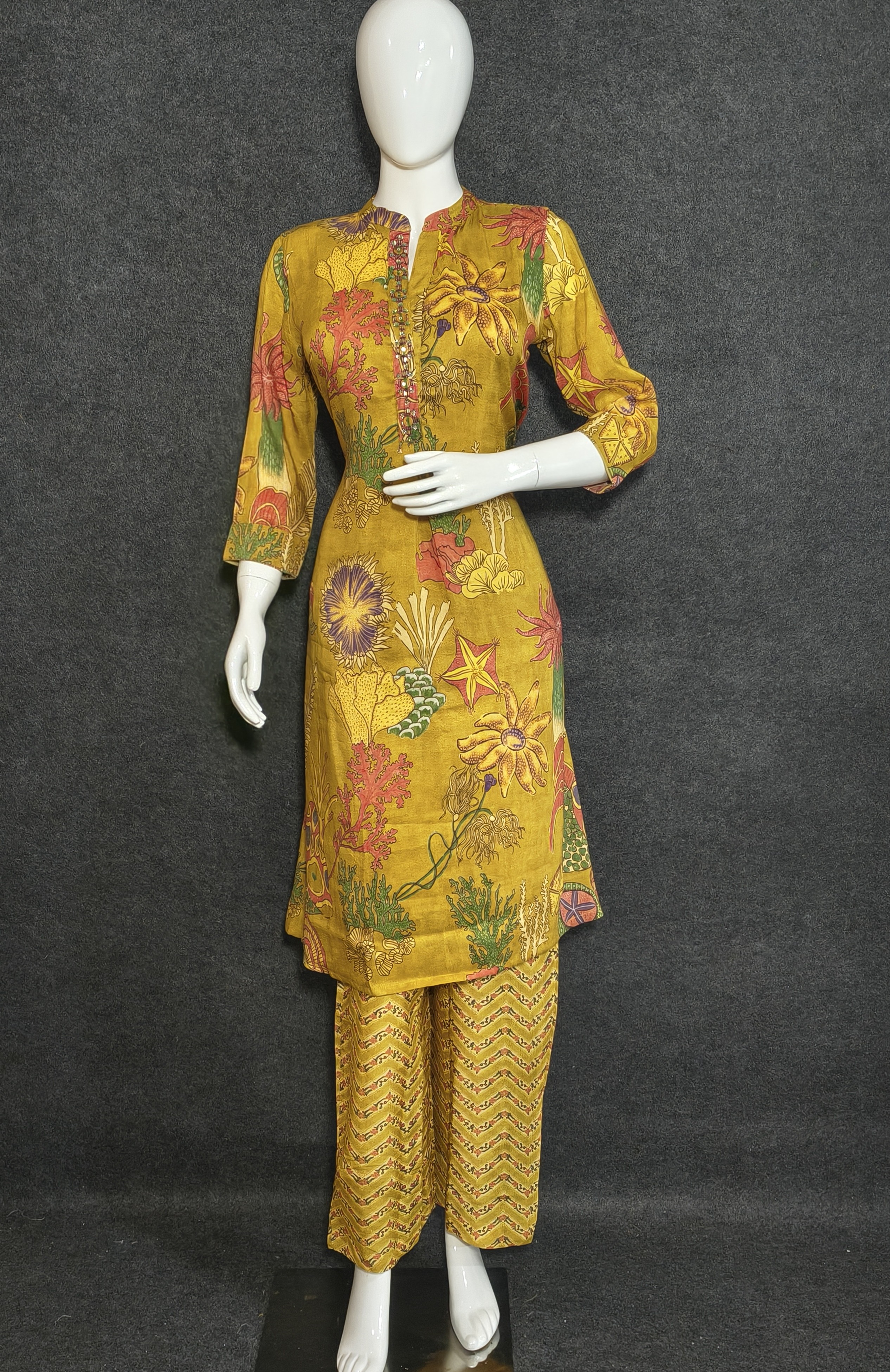  Mustard Yellow Floral Co-ord Set for Women – Ethnic Printed Top & Chevron Pants  Festive & Casual Wear