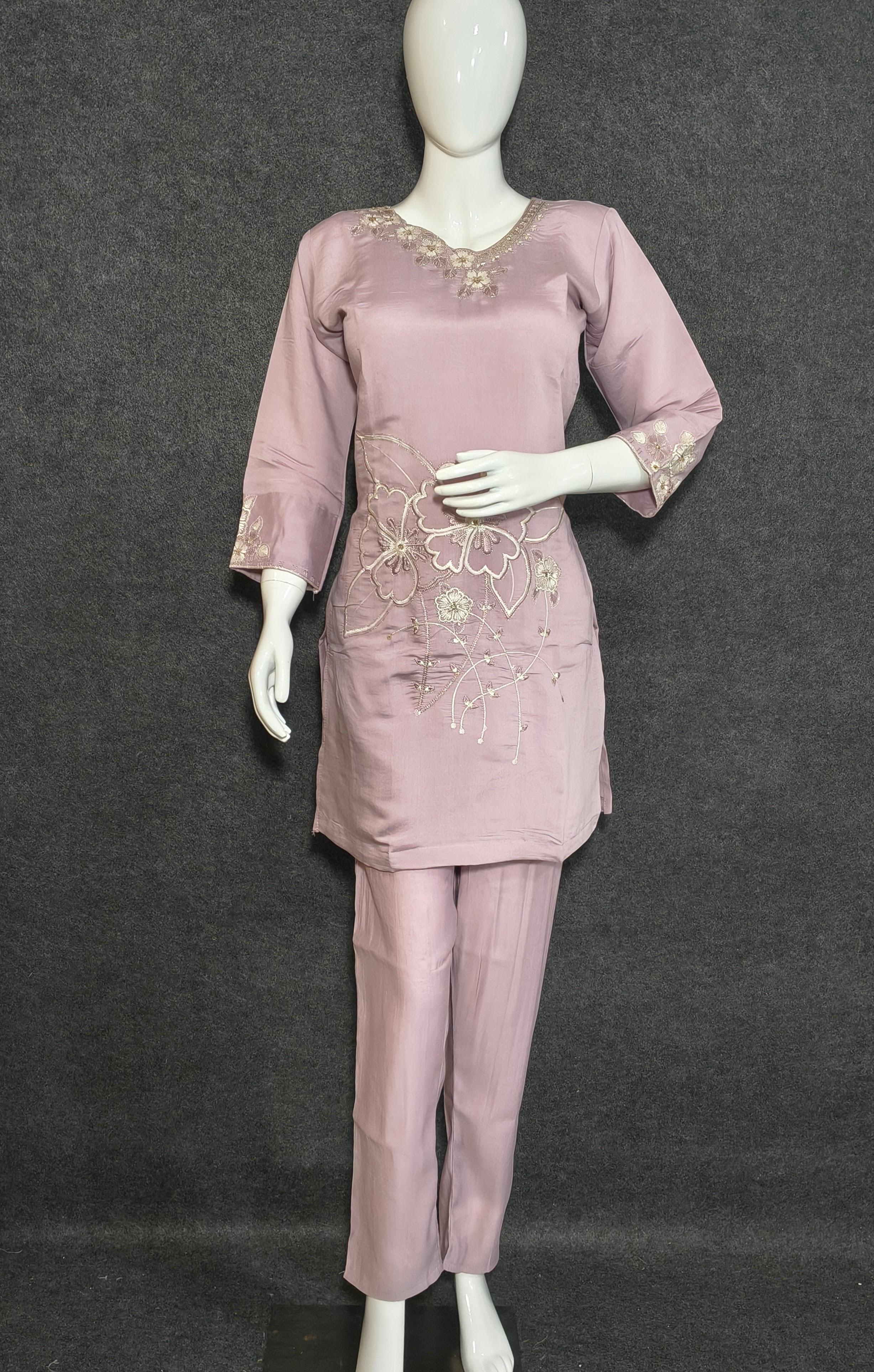  Lavender Silk Co-ord Set with Pure Embroidery Work