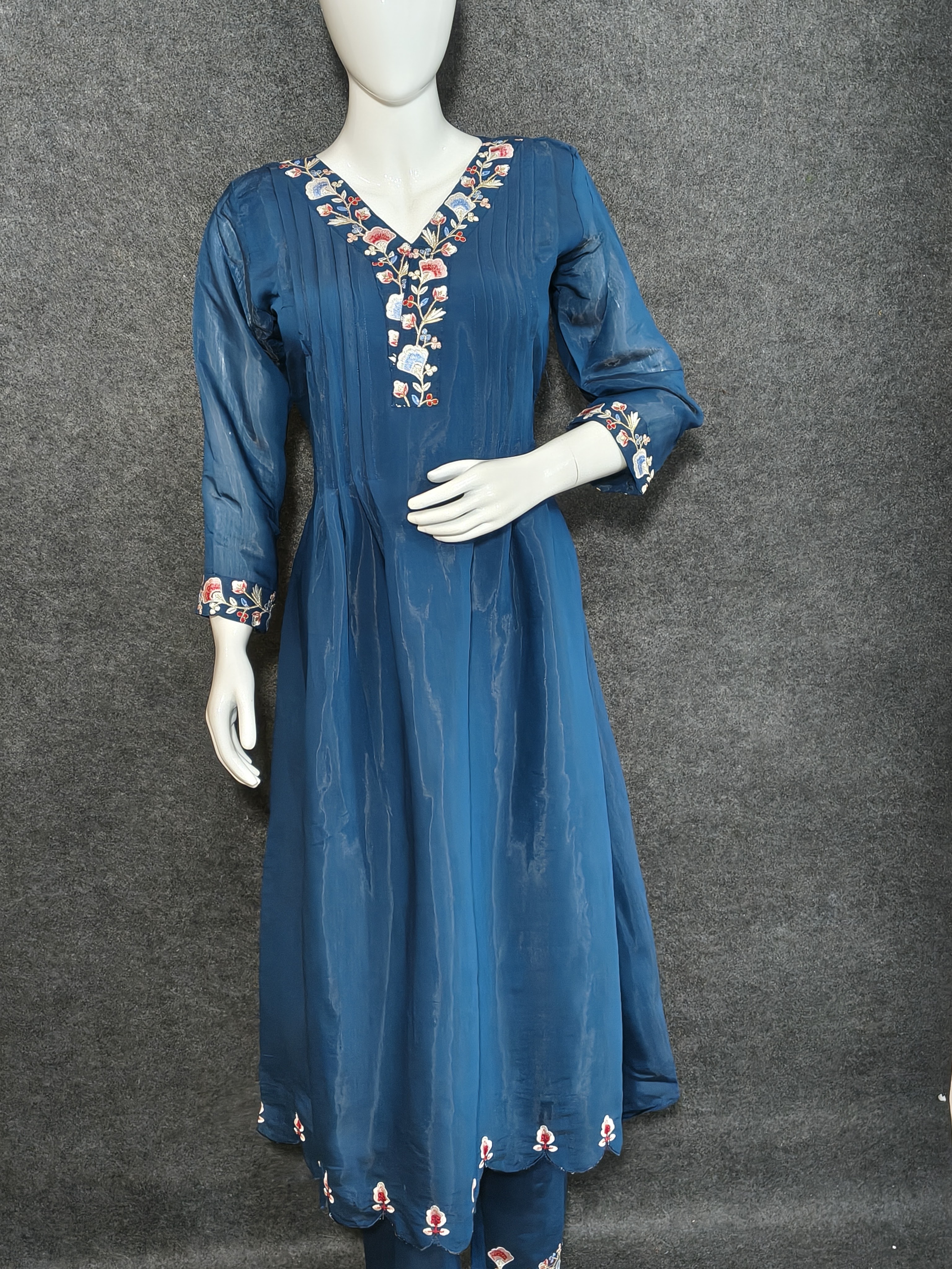 Women's Blue Anarkali Suit Set – Embroidered Kurta with Churidar & Dupatta  Traditional Silk Blend Ethnic Wear - Hover view