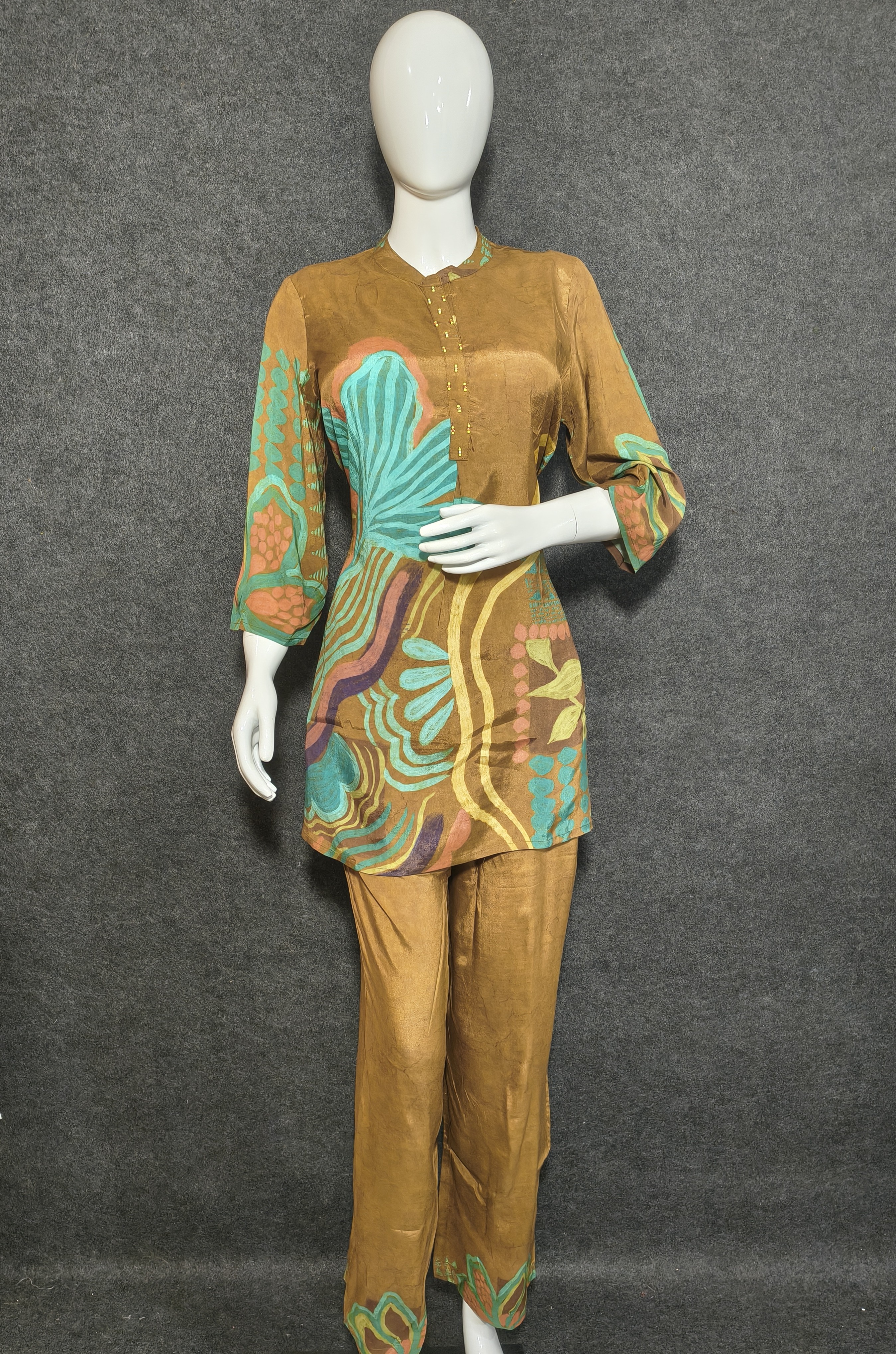 Mustard Brown Printed Crape Short Co-ord Set