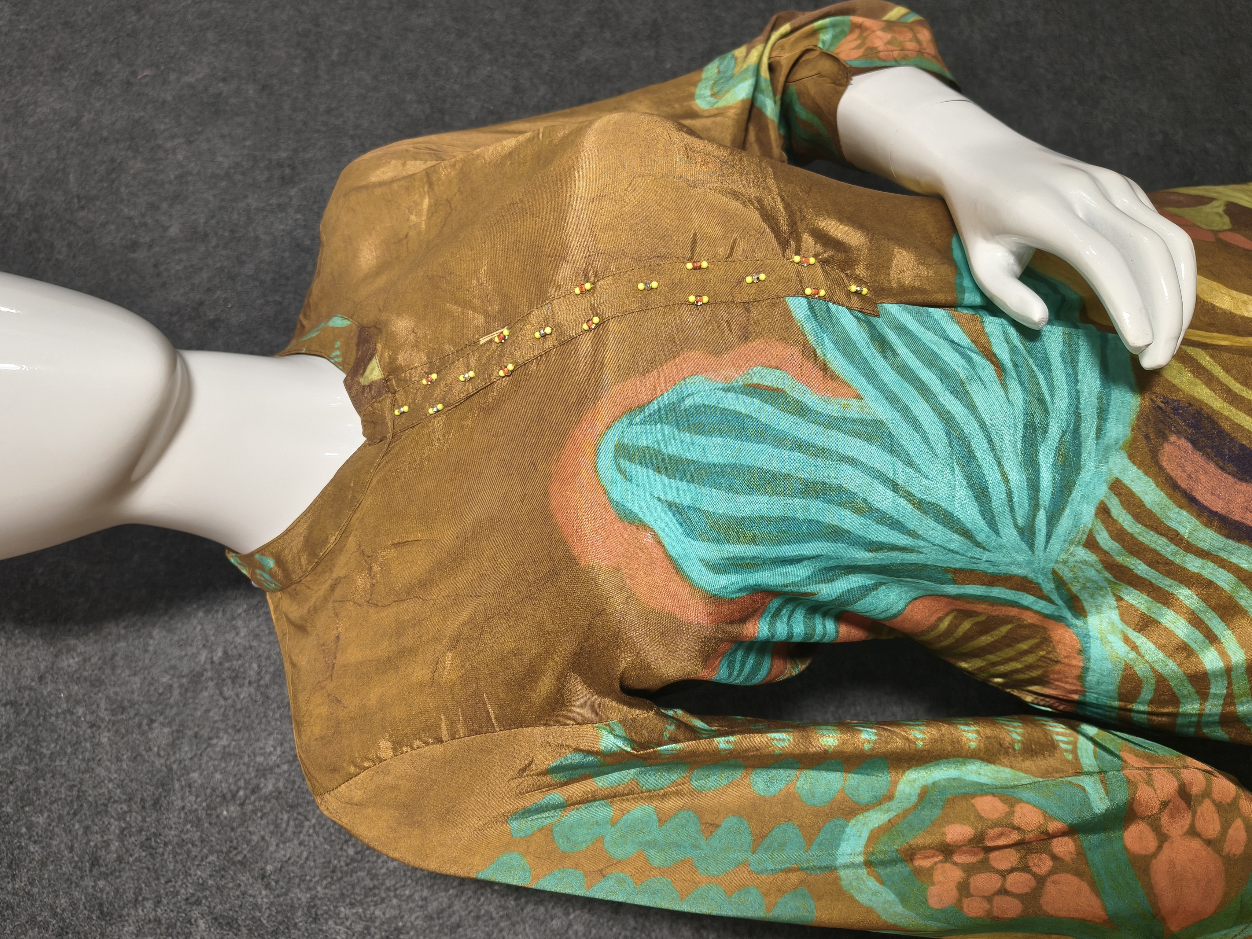 Mustard Brown Printed Crape Short Co-ord Set - Hover view
