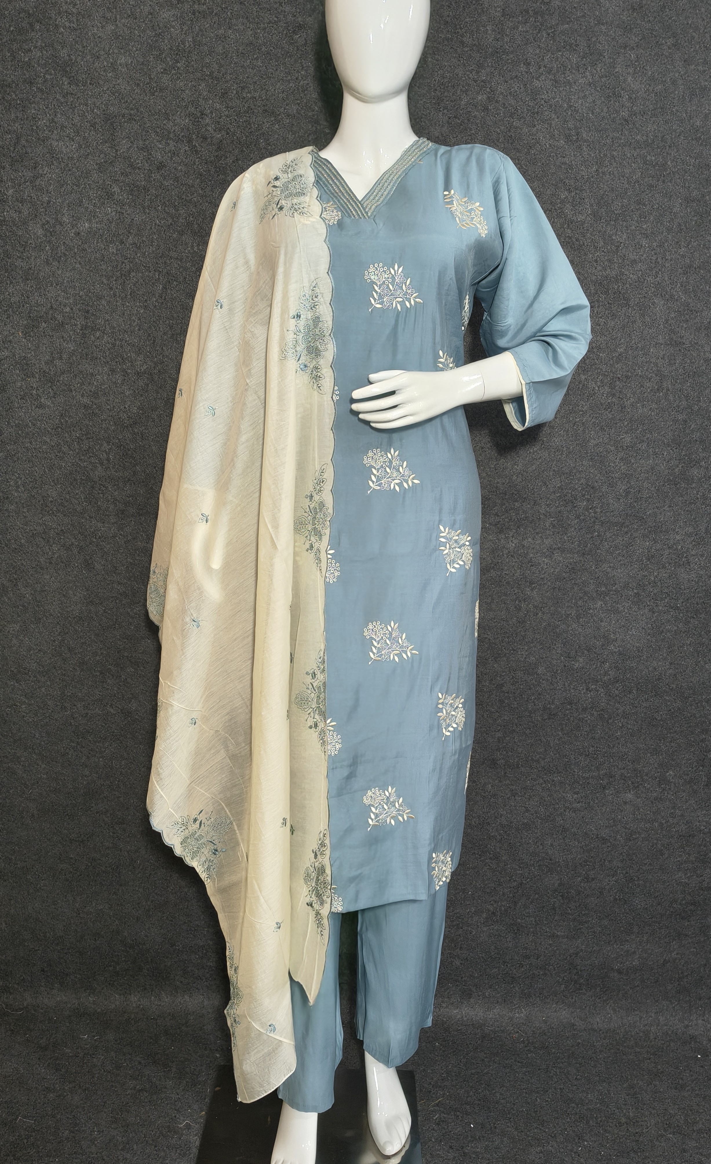 Light Blue Silk Suit with Matching Silk Dupatta