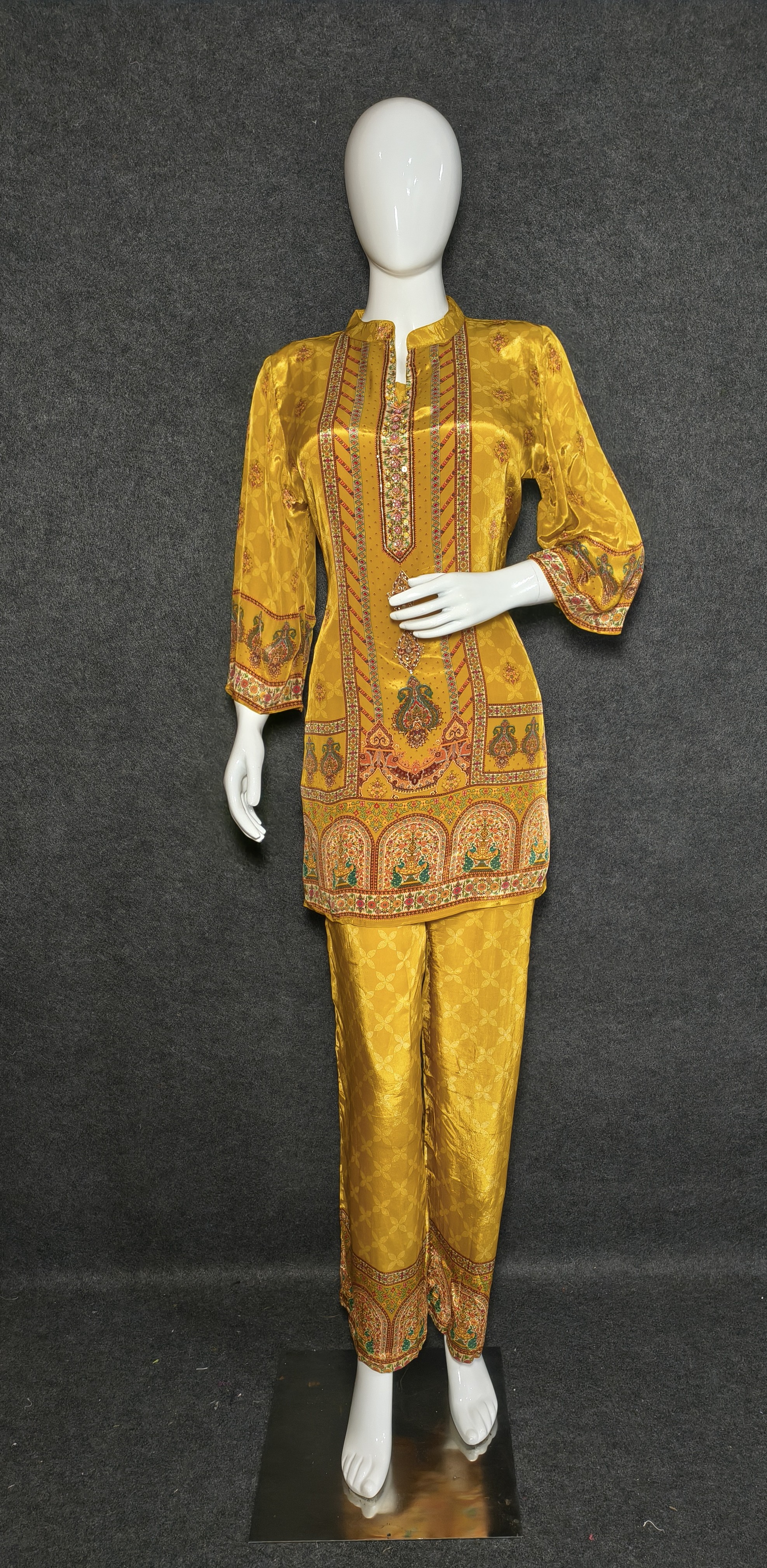 Mustard Yellow Printed Silk Co-Ord Set for Women | Festive & Ethnic Wear