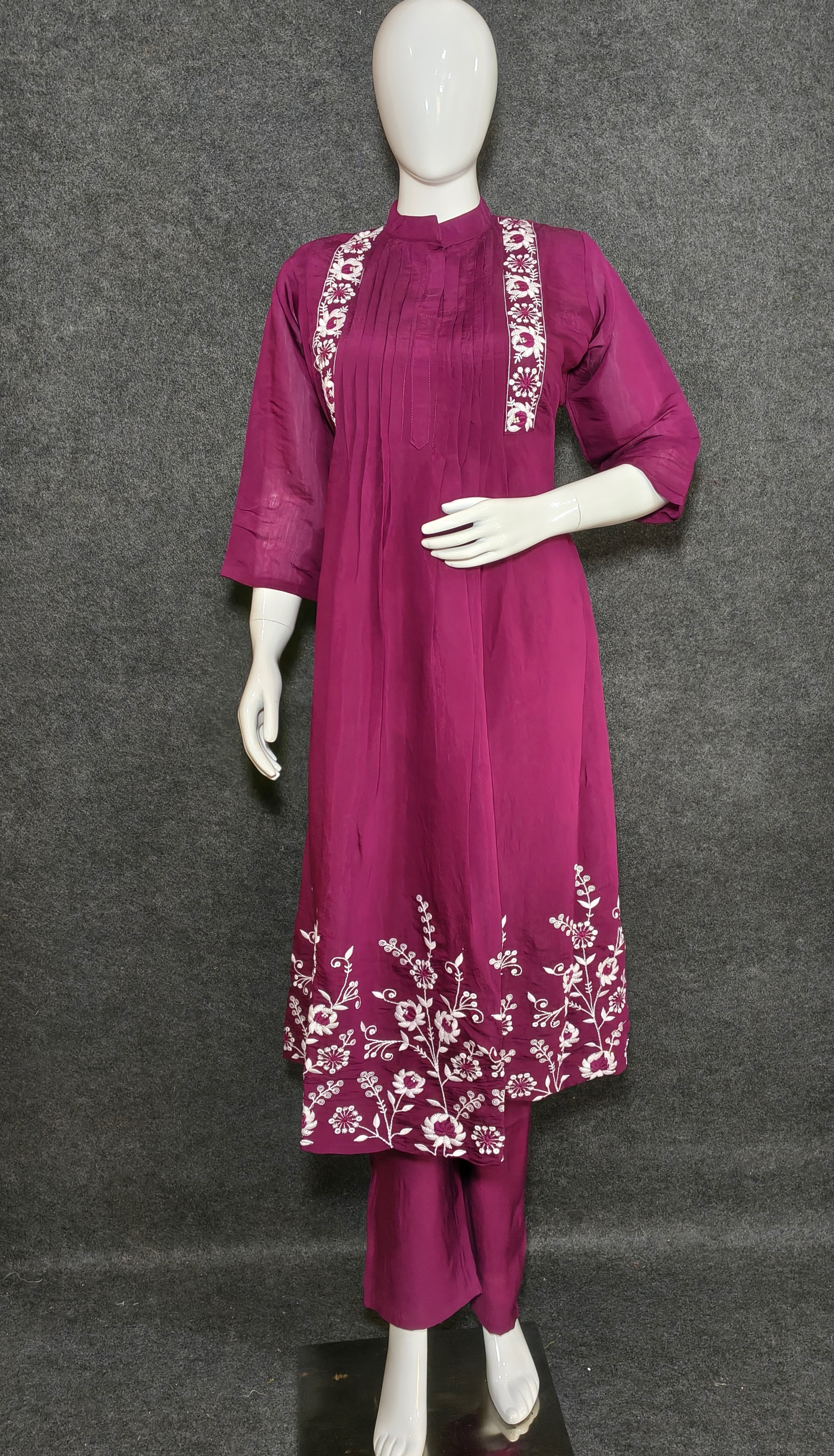 Deep Wine Embroidered Anarkali Suit Set for Women | Silk Blend Kurta with Pants & Dupatta - Hover view