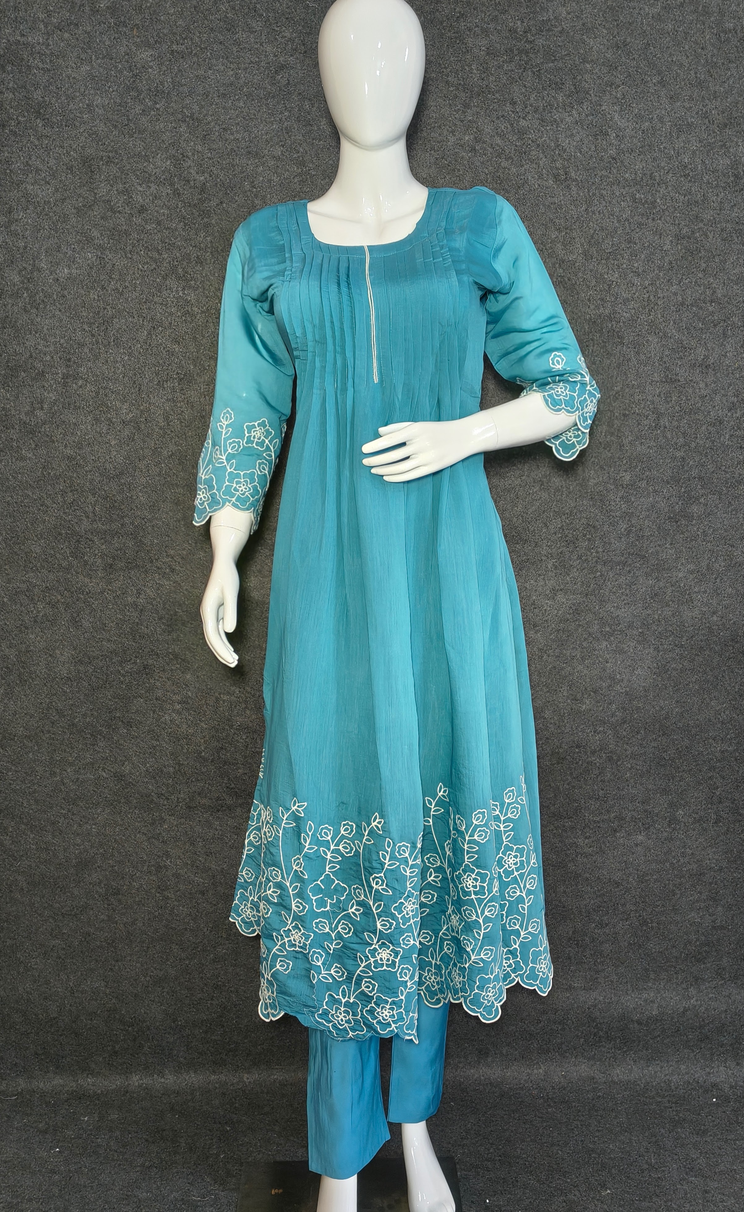  Aqua Blue Hand-Embroidered Pleated Anarkali with Dupatta - Hover view
