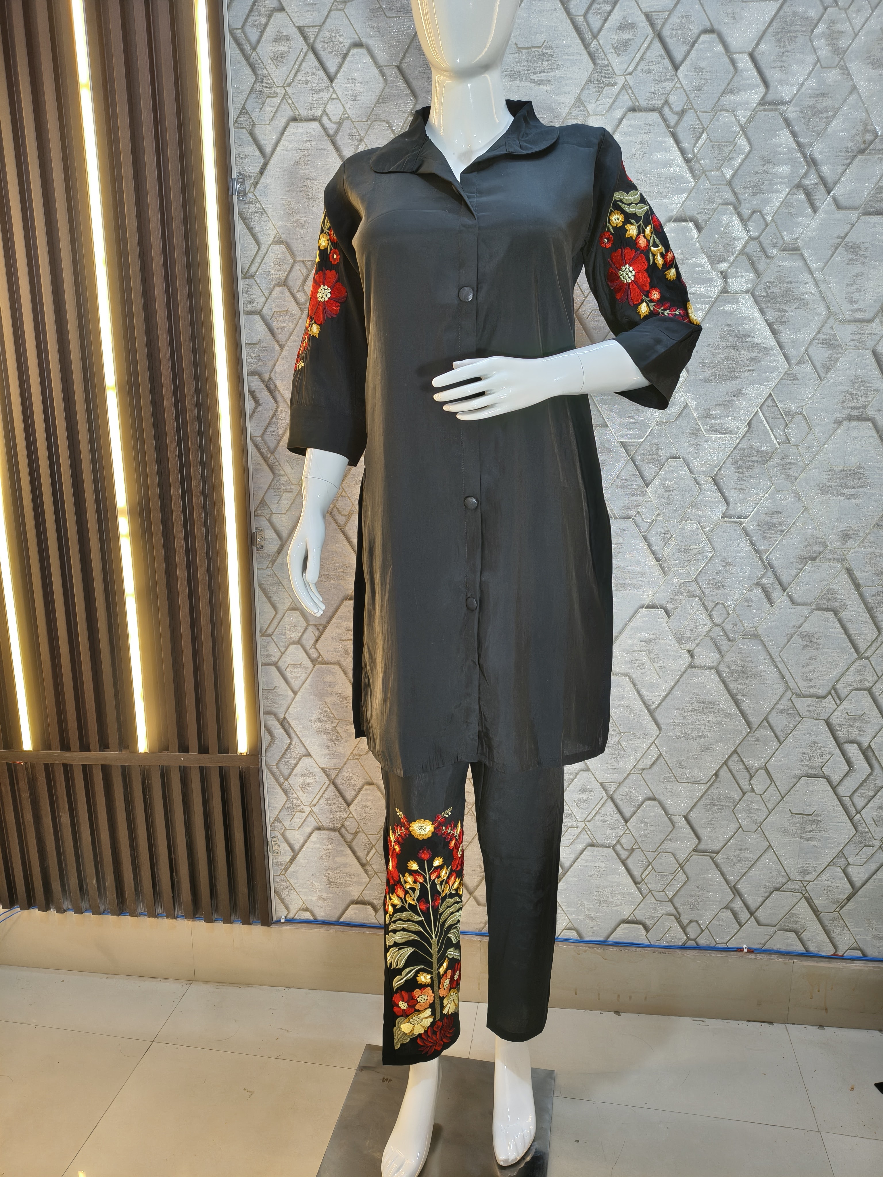 Black Co-ord Set with Multicolored Floral Embroidery