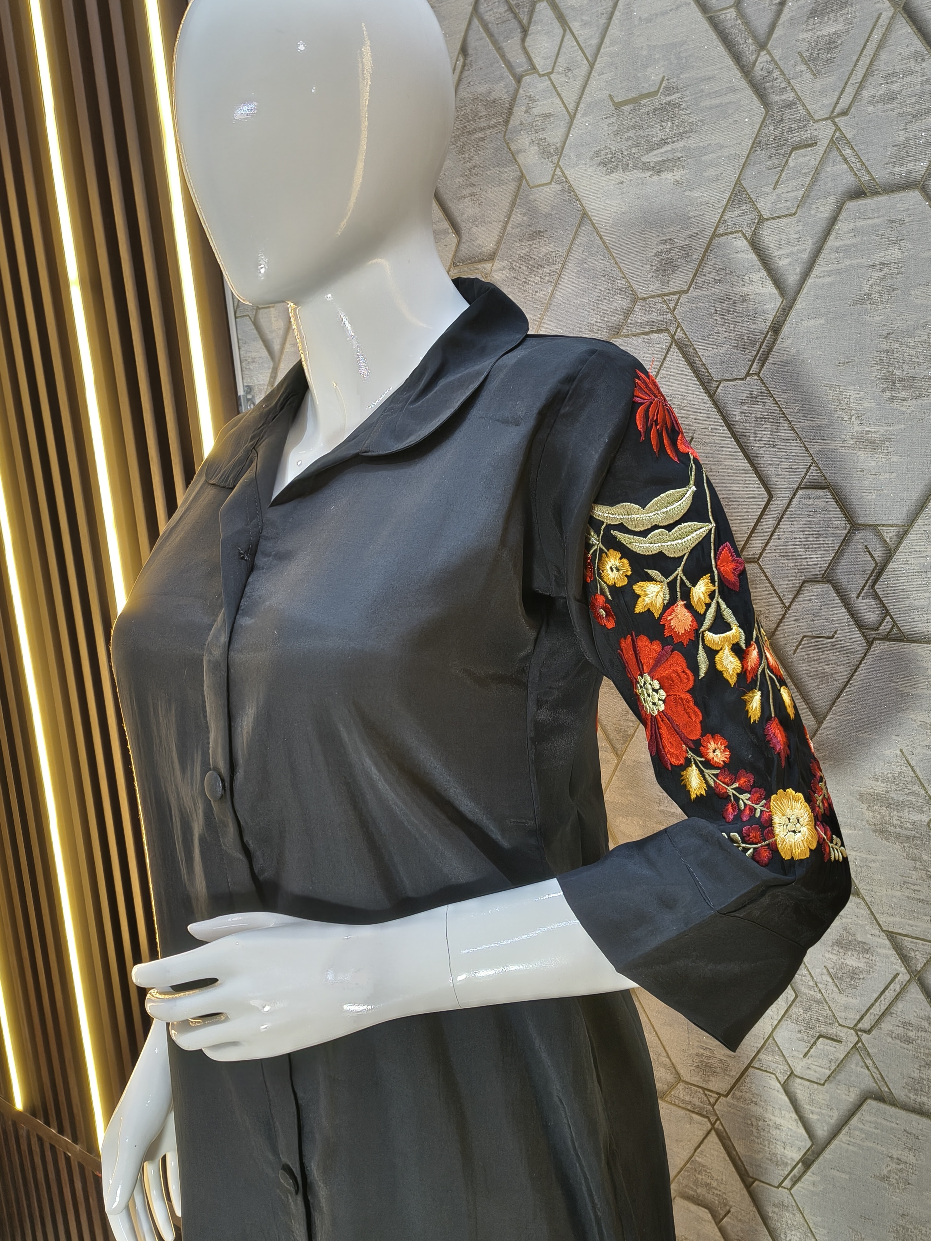 Black Co-ord Set with Multicolored Floral Embroidery - Hover view