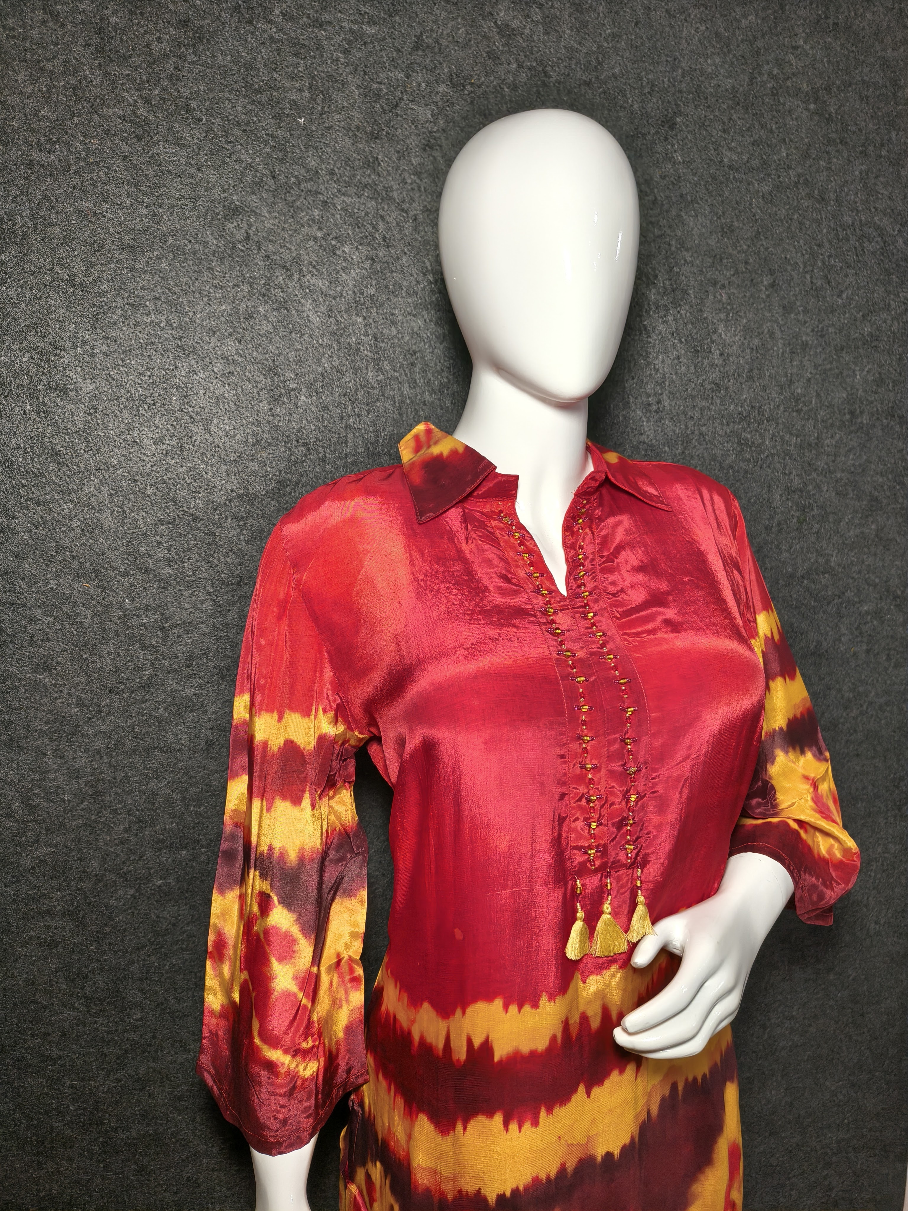  Red & Mustard Yellow Bandhani Crepe Co-ord Set | Handcrafted Tie-Dye Tunic with Pants - Hover view