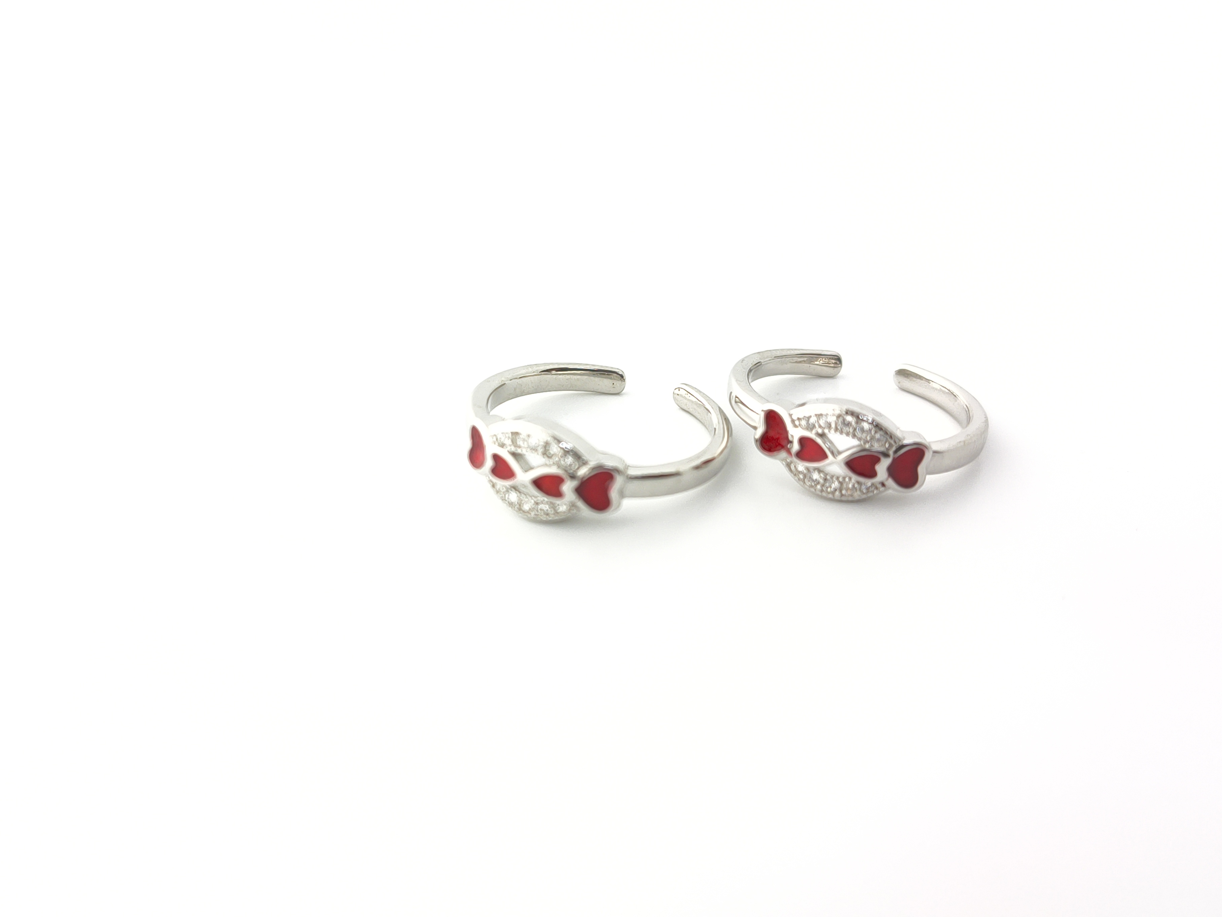925 Sterling Silver Adjustable Toe Rings with Red Enamel Hearts and Cubic Zirconia - Hover view
