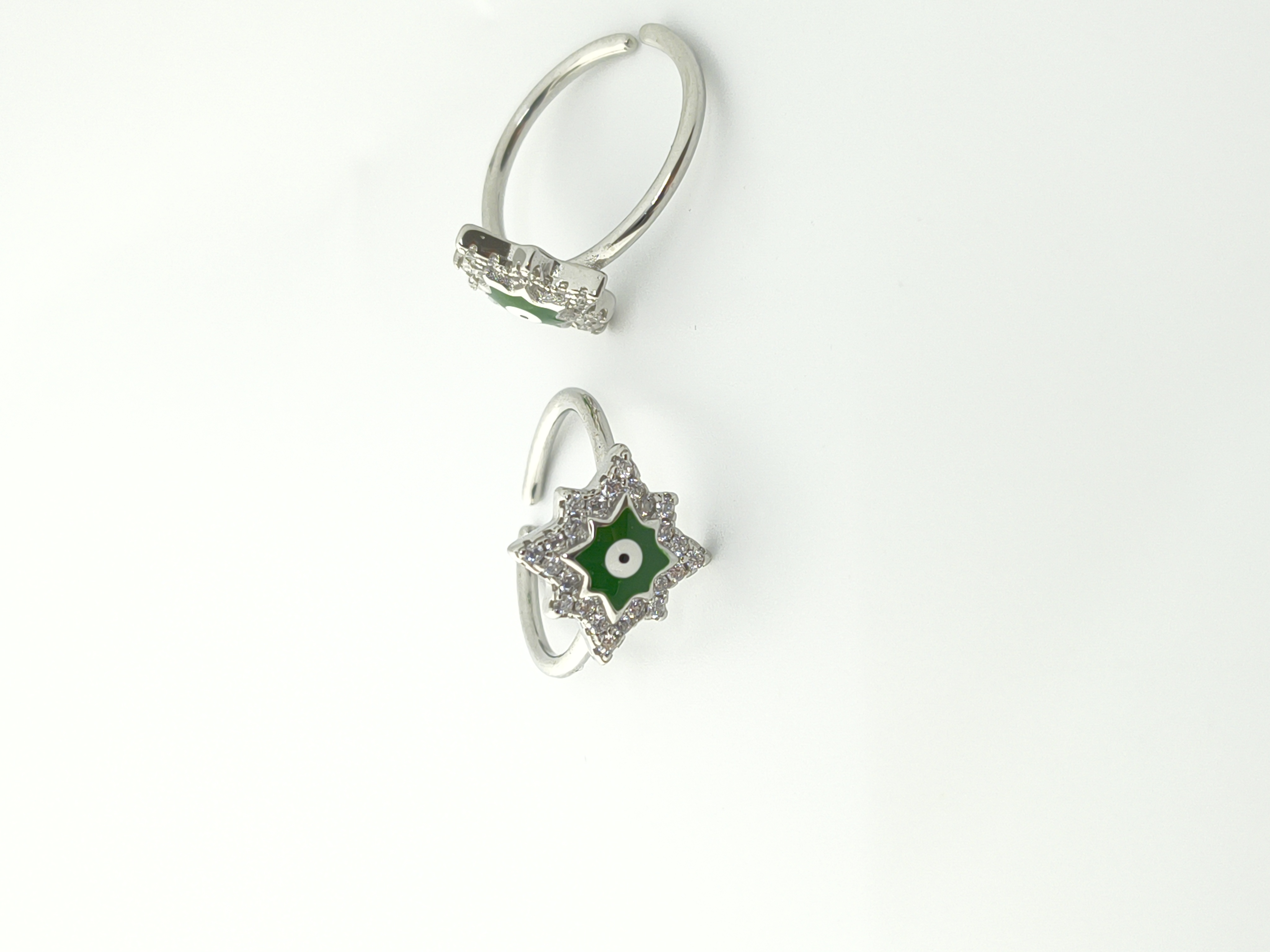 925 Sterling Silver Green Enamel Evil Eye Starburst Toe Rings - Hover view