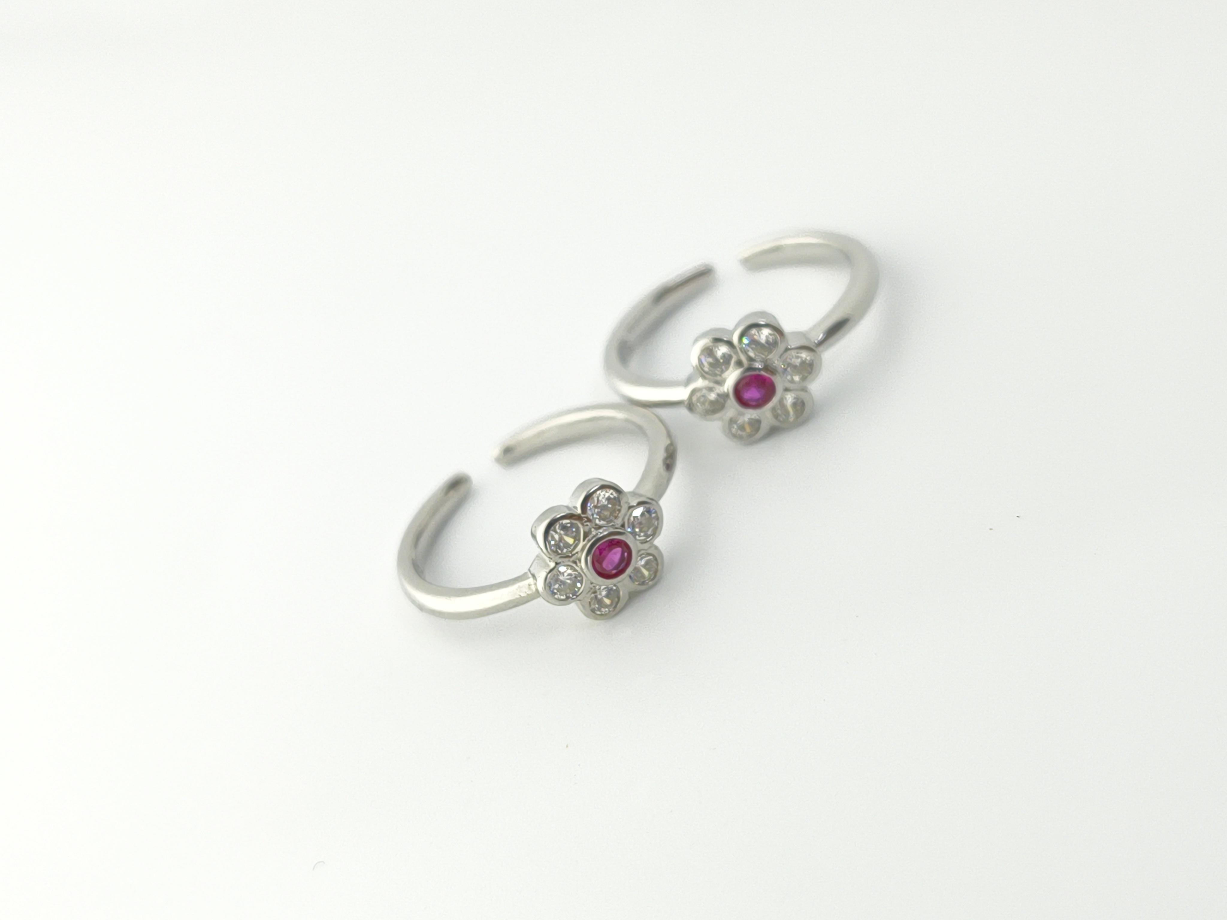 925 Sterling Silver Flower Toe Rings with Ruby & Cubic Zirconia - Hover view
