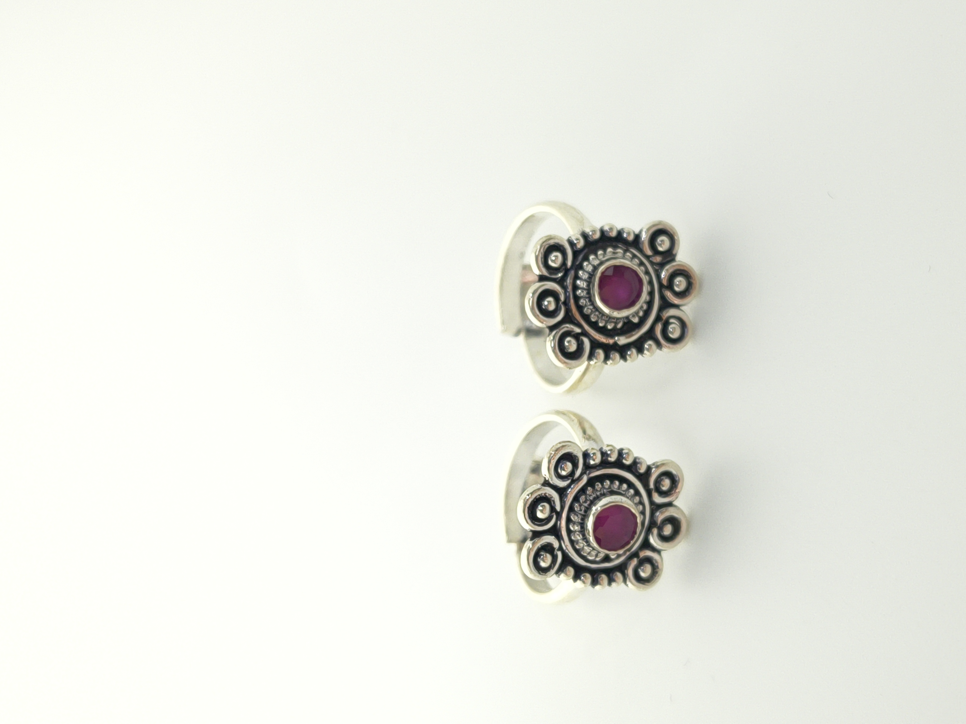 Oxidized Sterling Silver Flower Toe Rings with Ruby Red Stone